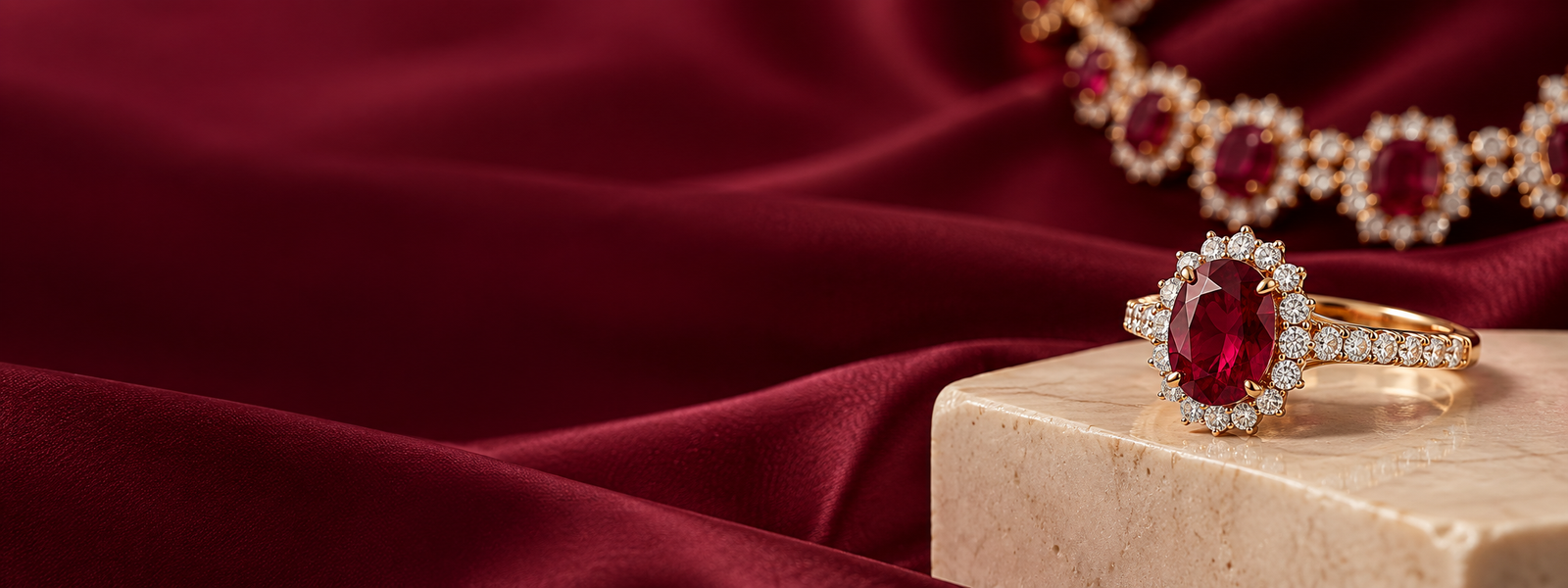 Ruby and diamond jewellery on Qatar maroon silk