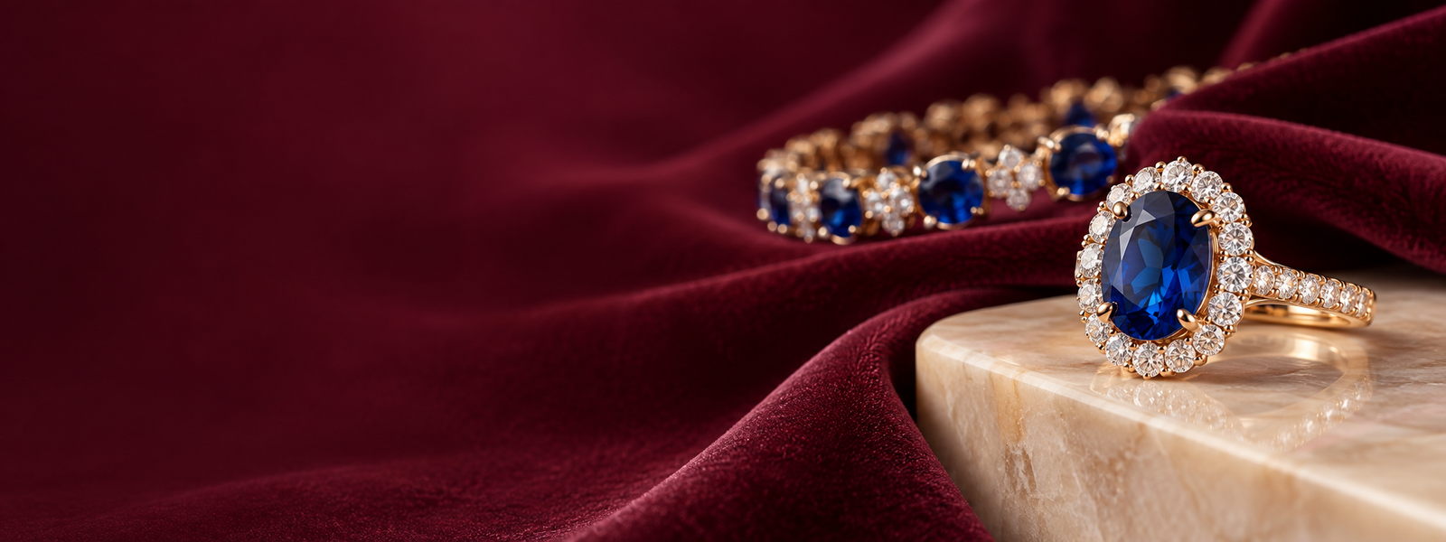 Blue sapphire and diamond jewellery on Qatar maroon silk