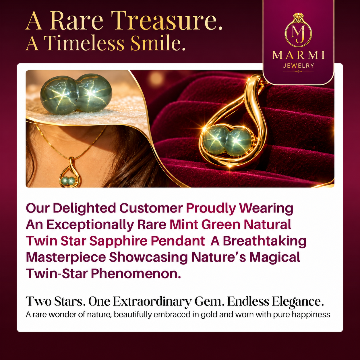 Marmi Jewelry advertisement featuring a rare mint green natural twin star sapphire pendant